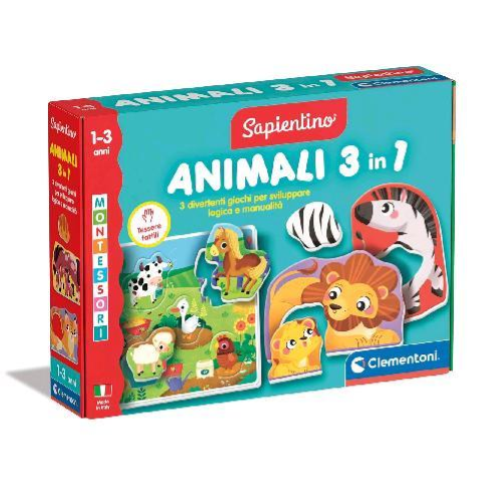 CLEMENTONI MONTESSORI SAPIENTINO ANIMALI 3 IN 1 TESSERE SAGOMATE E SCHEDE ILLUSTRTATE GIOCO EDUCATIVO
